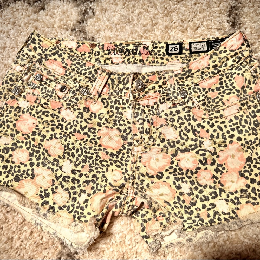 Miss Me Peach Floral Leopard Print Jean Shorts